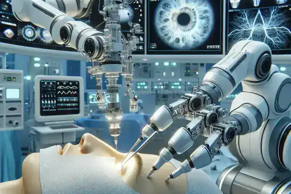 "AI-powered robotic assistant performing intricate eye surgery with micro precision, showcasing advanced technology in ophthalmology and enhancing surgical accuracy."