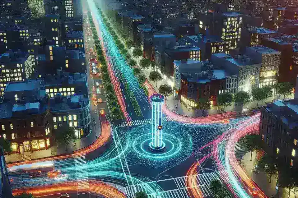 "AI traffic light system in a busy US city intersection designed to reduce congestion and lower emissions, showcasing smart technology for urban mobility improvement."
