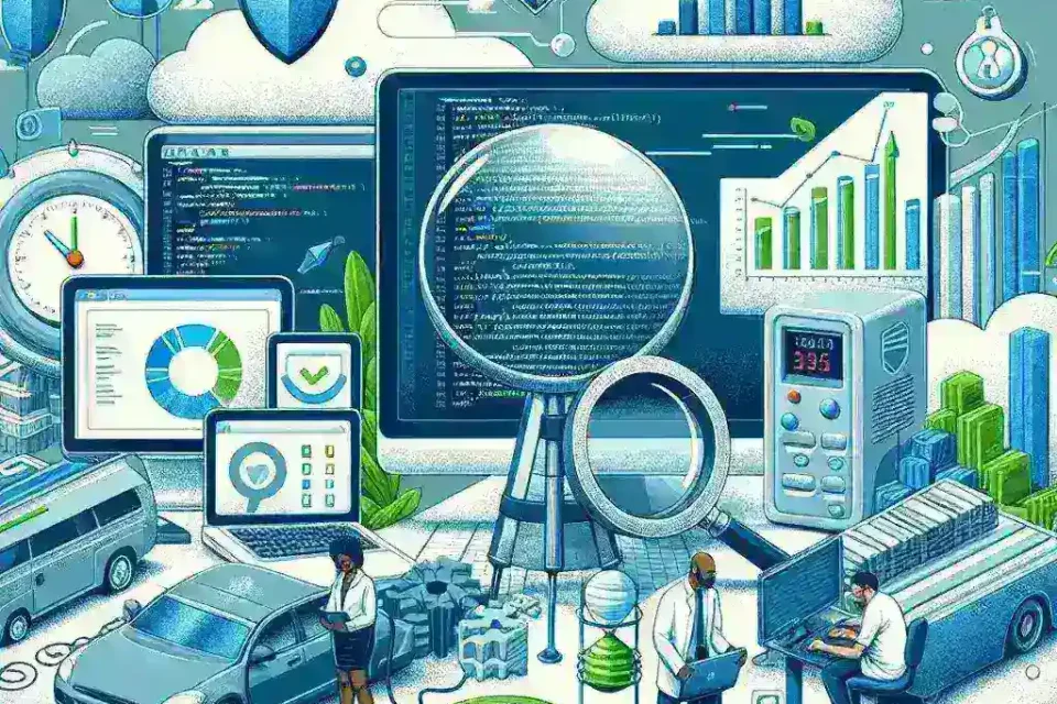 "Person using a laptop to analyze front-end performance testing tools on a digital dashboard, showcasing metrics and analytics for website speed and optimization."